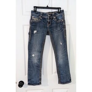 Rock Revival Sukara Crop Jeans Distressed Embellished Pockets‎ Size 26 EUC
